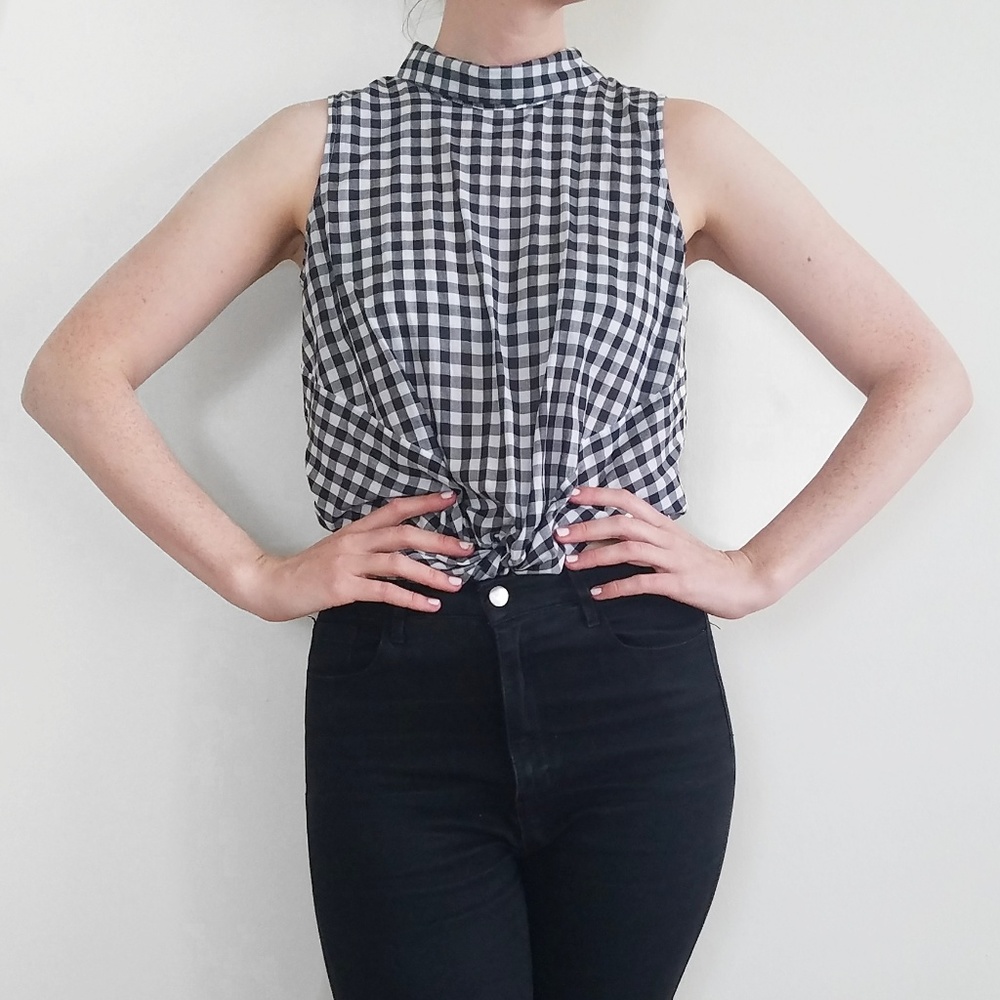 Ann Taylor Gingham Sleeveless Tie-Front Blouse
